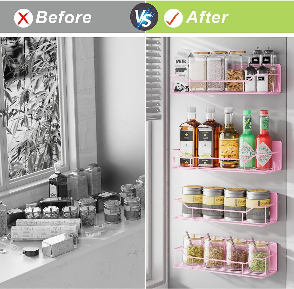 Magnetic Spice Rack for Refrigerator, 4 Pack Metal Strong Magnet Spice Organizer Shelves, Magnetic Fridge Shelf for Kitchen Seasoning Organizer Gadgets, Home Organization and Storage (Pink)