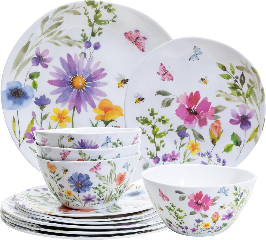 Floral Bee Melamine Dinnerware Set-18Piece Unbreakable Plates and Bowls Set