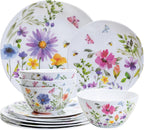 Floral Bee Melamine Dinnerware Set-18Piece Unbreakable Plates and Bowls Set