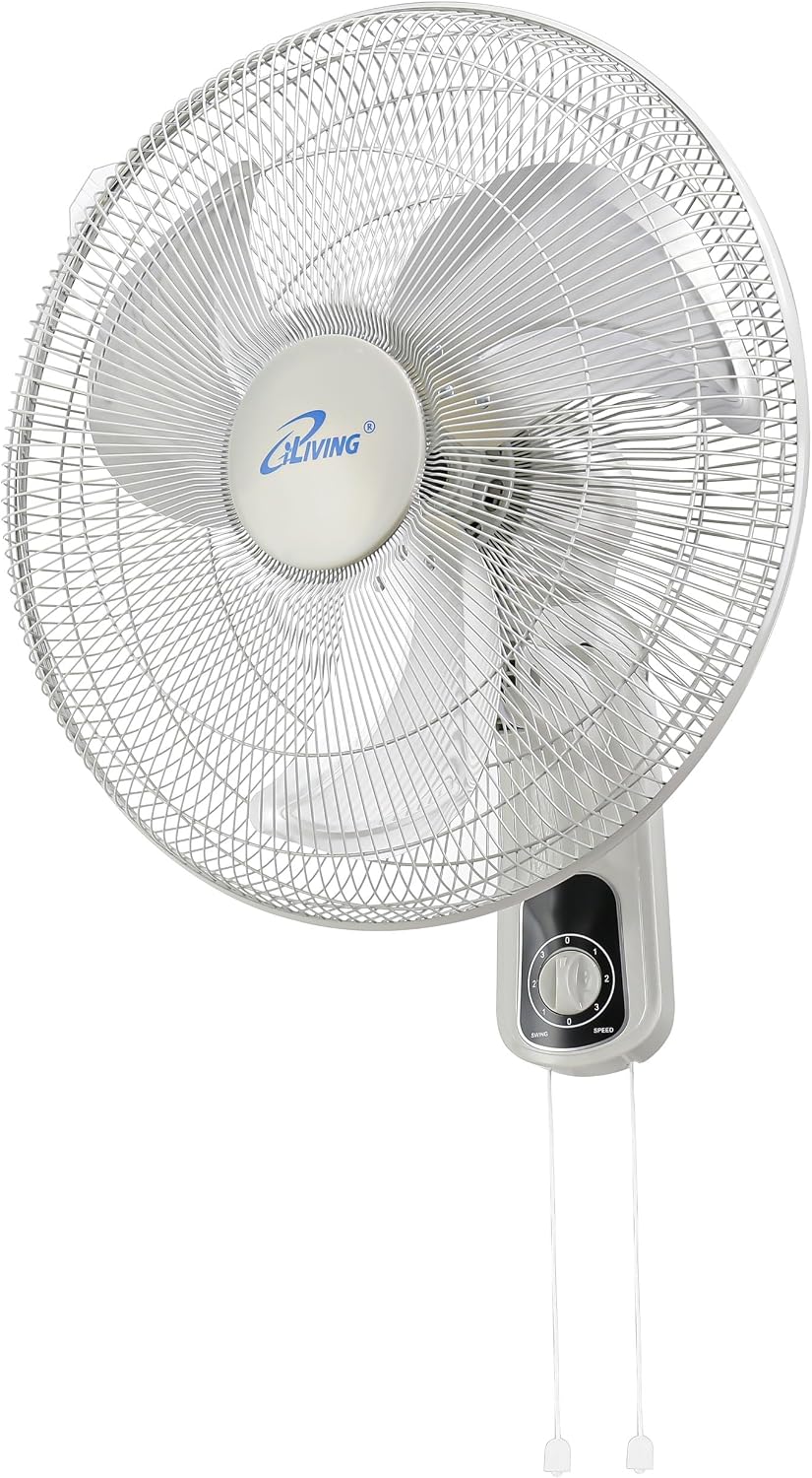 iLiving Glow Oscillating Wall Mount Fan with Adjustable Tilt, 18-inch, 3 Speed, Metal Grille and Blade, 90 Degree Oscillation, Airflow 1650CFM, Ideal for Home, Bedroom, Gym & Office, Greenhouse