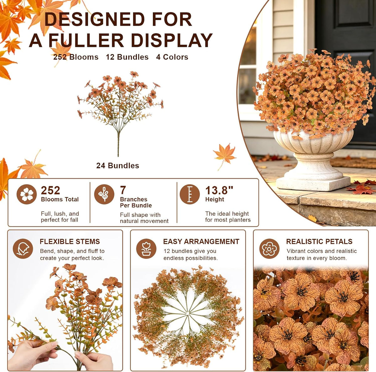 Artificial Fall Flowers for Outdoors, 24 PCS UV Resistant Faux Daisy Mums