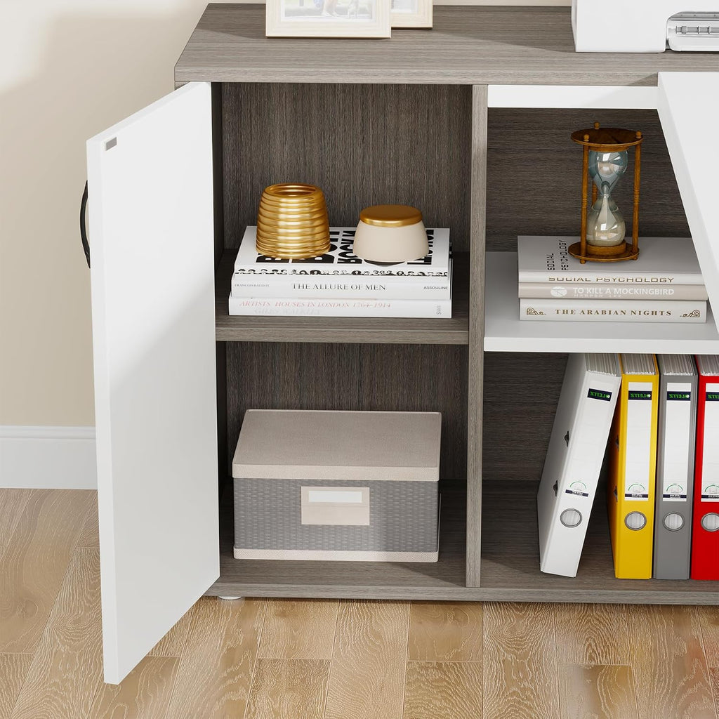 Tribesigns 71 inch Executive Desk, L Shaped Desk with Cabinet Storage, Executive Office Desk with Shelves, Business Furniture Set Workstation for Home Office, Gray and White