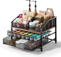 Coffee Bar Organizer for Countertop, Coffee Station Organizer with Removable Dividers, Metal and Wood K Cup Holder Storage Basket for Pods, Syrup, Stirrer and Condiment, Black and Brown