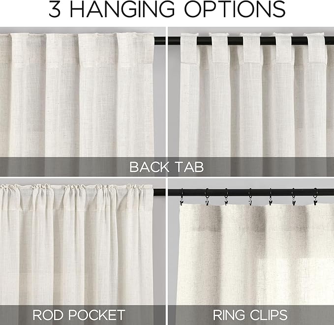 Cream Linen Curtains Back Tab Sheer Curtains 90 Inches Long - Image 3