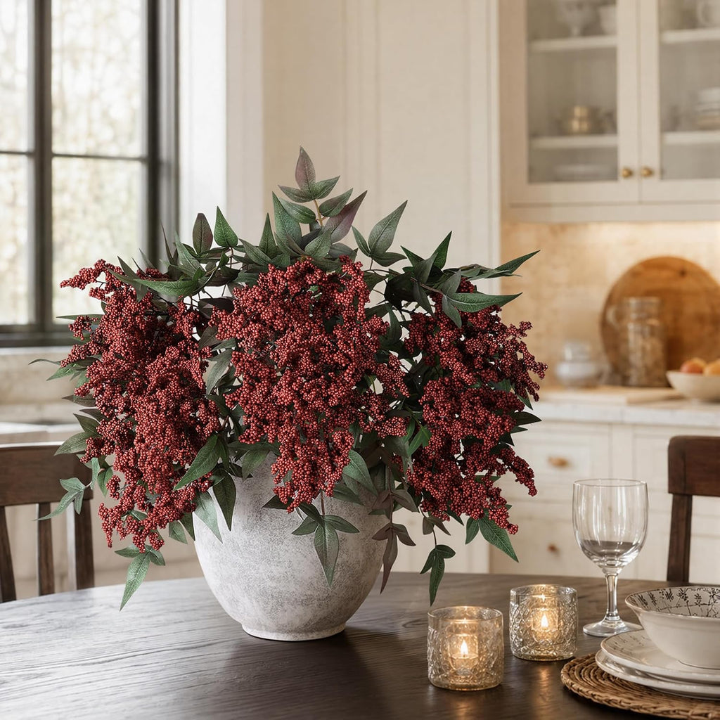 Artificial Flowers 35 Inch Artificial Nandina Berry Stem 3 Pcs Faux Flowers for Vase Realistic Sedum Spray for DIY Bouquet, Shower, Farmhouse, Mantel, Home Decor(Burgundy)