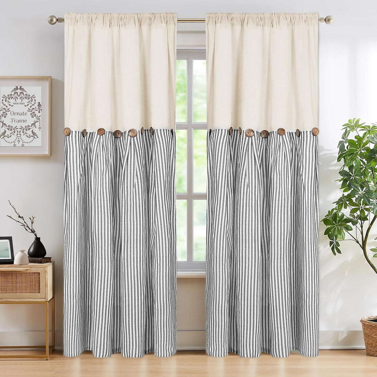 ASPMIZ Cotton Linen Kitchen Valance Curtains, Boho Rustic Button Linen Valances for Windows Farmhouse, Black with Grey Stripe Valance Window Topper Treatment Window Valances for Bathroom, 52 x 18 Inch