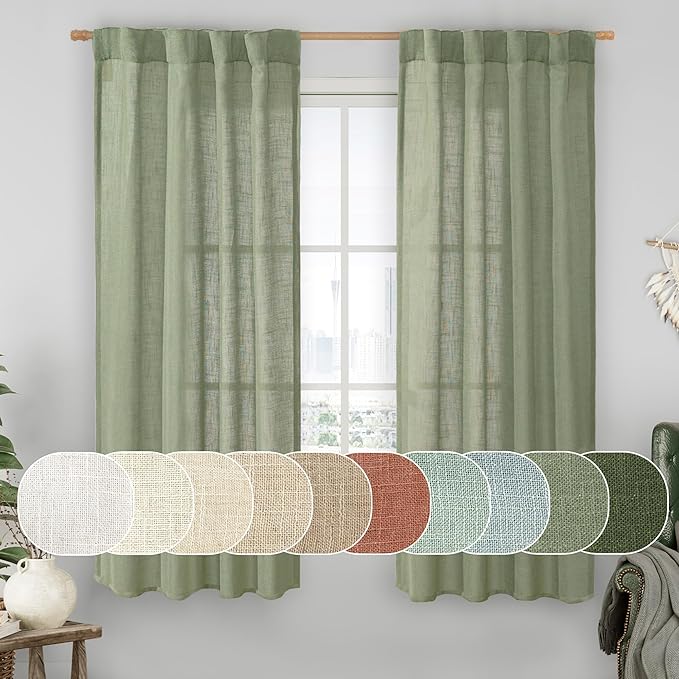 LAMIT Sage Green Linen Semi Sheer Curtains 63 Inch by LAMIT