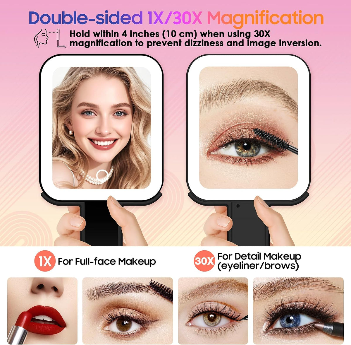 GOMIPURU Magnifying Travel Mirror with Light, 30X/1X Double-Sided Magnifying Mirror with 3 Color Lights, Brightness Adjustable, Foldable Handheld Makeup Mirrors Portable for Travel and Desktop, Dark