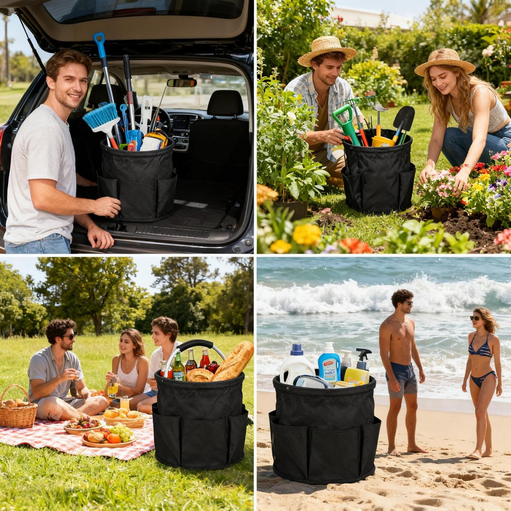 17L Foldable Cleaning Caddy with Handle - Portable Duty Tool Bag Cleaning Supply Organizer, Multi-Compartment Cleaning Bucket Storage Basket for Home Kitchen Bathroom (Black)