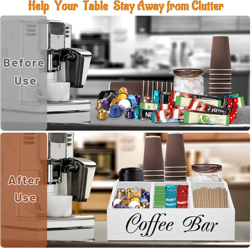 ugiftt Coffee Station Organizer for Counter, Wood Coffee Pods Holder Storage Basket, Tea Condiment Storage Organizer, Rustic Wood Bar Decor for Accessories
