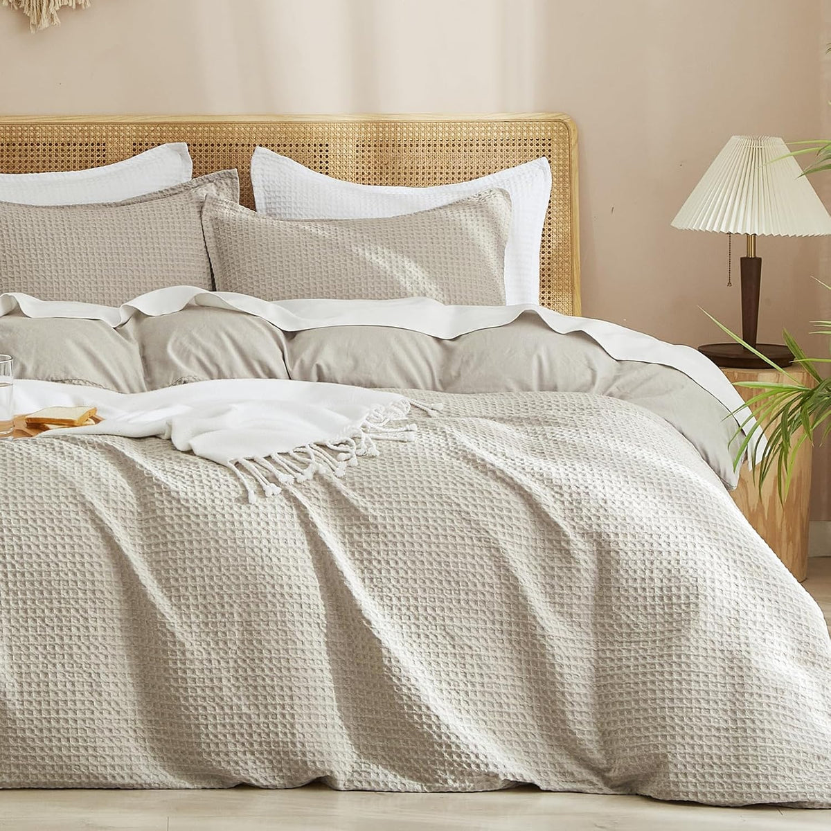 PHF Waffle Duvet Cover Set King, Ultra Soft & Breathable, 104"x90", Linen