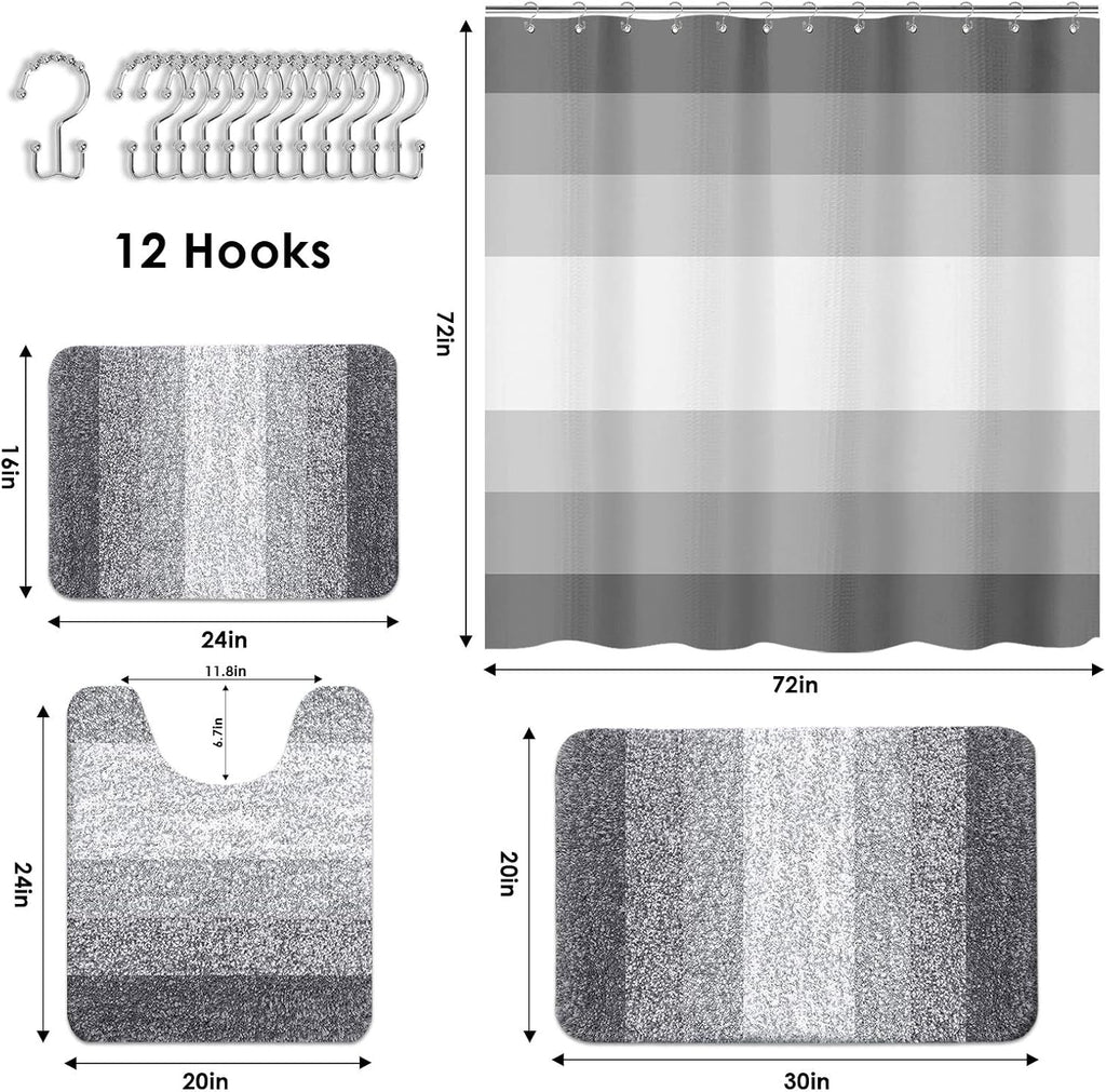 Bathroom Sets with Shower Curtain and Rugs Set of 4 Grey Striped