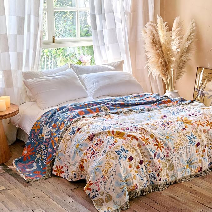 MSGKV Boho Throw Blanket for Bed 100% Cotton Floral Twin Size Couch Blanket - Image 5
