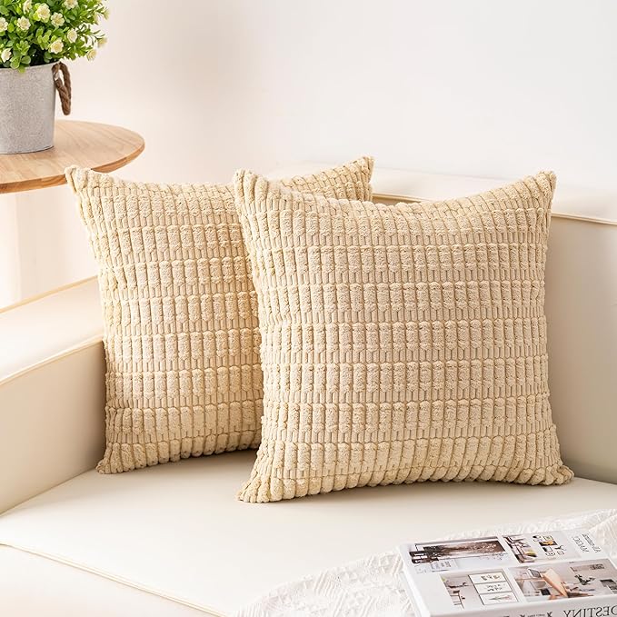 Pack of 2 Corduroy Decorative Throw Pillow Covers 16x16 Inch Soft Striped by Unknown