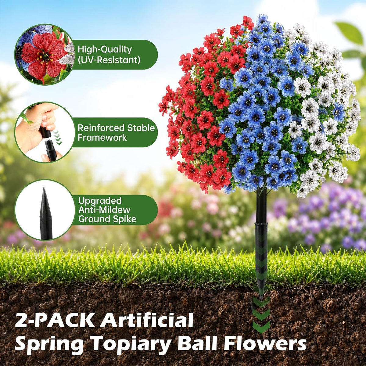 2Pcs 22" Artificial Topiary Ball Flowers for Outdoors Planters, Spring Summer Decoration, UV Resistant Faux Floral Greenery, Fake Shrubs Bushes for Indoor Outdoor Garden Yard Porch Patio Home Decor