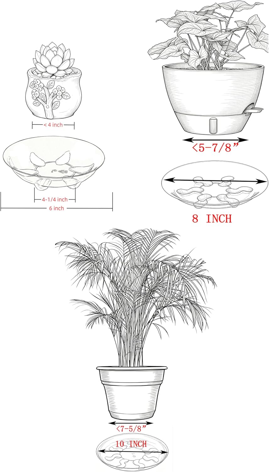 15 Pack Assorted Sizes 6 8 10 Inch Clear Thick Plastic Heavy Duty Sturdy Plant Saucer Drip Trays for pots, 5 Pieces of Each Size (Assorted Sizes 6'', 8'', 10'')