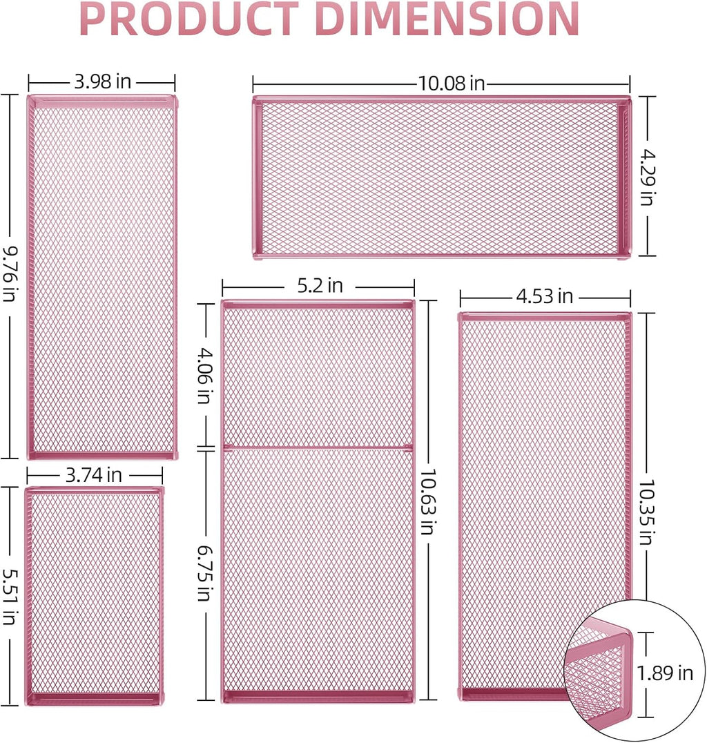 Marbrasse 5 Pack Desk Drawer Organizer Set, Mesh Drawer Storage Trays with 1 Adjustable Divider, Desk Organizers and Accessories, 5 PCS Drawer for Office Supplies, Makeup & Vanity (Pink)