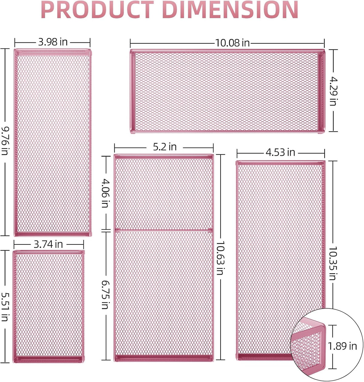Marbrasse 5 Pack Desk Drawer Organizer Set, Mesh Drawer Storage Trays with 1 Adjustable Divider, Desk Organizers and Accessories, 5 PCS Drawer for Office Supplies, Makeup & Vanity (Pink)