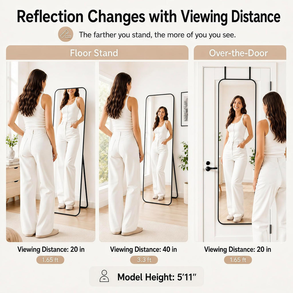 57x20" Full Length Mirror Floor Stand,Over the Door,Wall Mounted Black