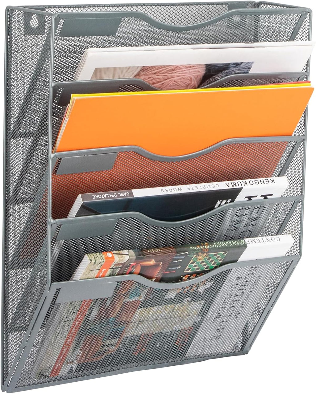 5 Pocket Mesh Hanging Wall File Organizer, Wall Mounted Mail Paper Document Folder Holder, Clipboard Storage Organization Magazine Rack with Nametag Label for Office Home School, Gray
