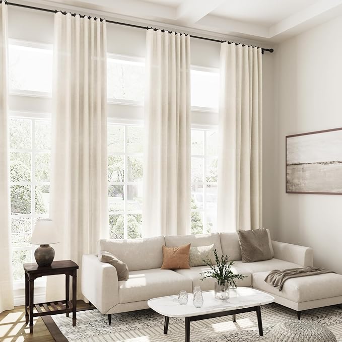 Nanspring Warm Beige Linen Curtains Semi Sheer 96 Inches Long 2 Panels Set - Image 6