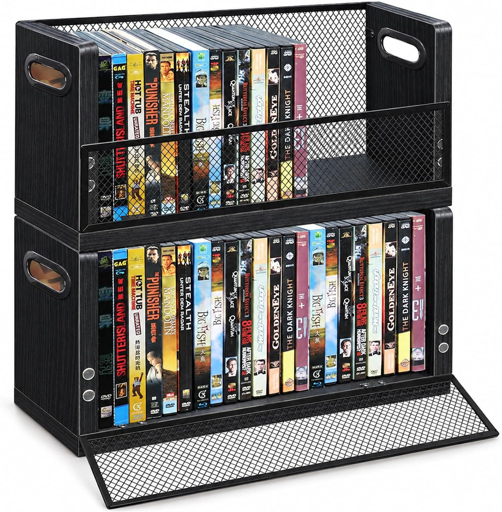 DVD Storage Rack 2 Pack, Stackable Media Organizer Holds 56 DVDs or 64 Blu ray Cases, Shelf with Magnetic Door for Video Games and CDs, VHS Tapes