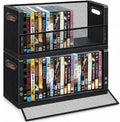 DVD Storage Rack 2 Pack, Stackable Media Organizer Holds 56 DVDs or 64 Blu ray Cases, Shelf with Magnetic Door for Video Games and CDs, VHS Tapes