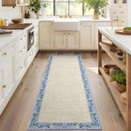 GarveeHome Entryway Rug 2x6 Modern Bordered Runner Rug Washable Kitchen Runners for Hallway Non-Slip Low-Pile Soft Carpet Floral Print Bathroom Mat for Bedroom Laundry Room, Beige