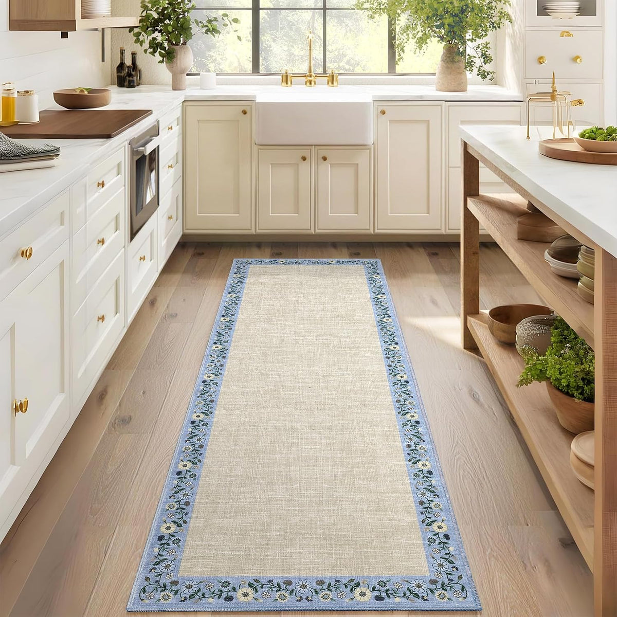 GarveeHome Entryway Rug 2x6 Modern Bordered Runner Rug Washable Kitchen Runners for Hallway Non-Slip Low-Pile Soft Carpet Floral Print Bathroom Mat for Bedroom Laundry Room, Beige