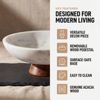 Decorative Marble Bowl White - Removable Acacia Wood Pedestal - 10"