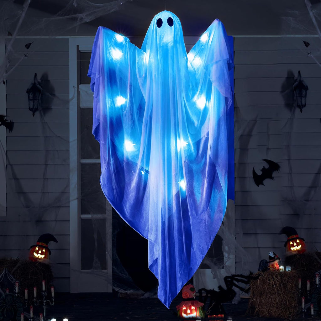 JOYIN Halloween Hanging Light up Ghost, 47" White Ghosts with Cold White LED Light and Timer Halloween Hanging Decoration Waterproof for Front Yard Patio LawnGarden Party Decor Indoor Outdoor