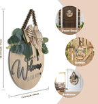 Condorpasea 3D Welcome Sign for Front Door | Home/Farmhouse Porch Décor Wooden Hanging Sign with Artificial Leaves and Rustic Beads | Christmas Classroom |12" Round