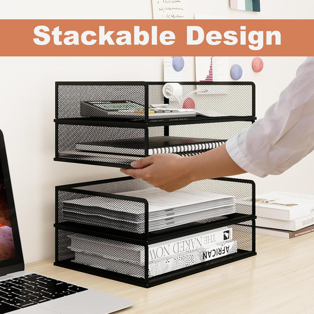 4-Tier Stackable Metal Mesh Letter Paper Tray Organizer,Black