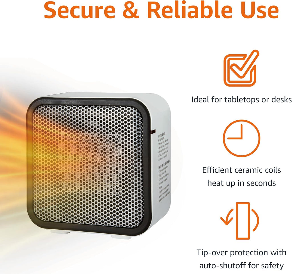Amazon Basics Ceramic Space Heater, Portable Mini Heater for Office Desk, Fast Heating, Efficient, Indoor Use, 500W, With Tip-Over Protection, Lightweight 1.4 lbs,