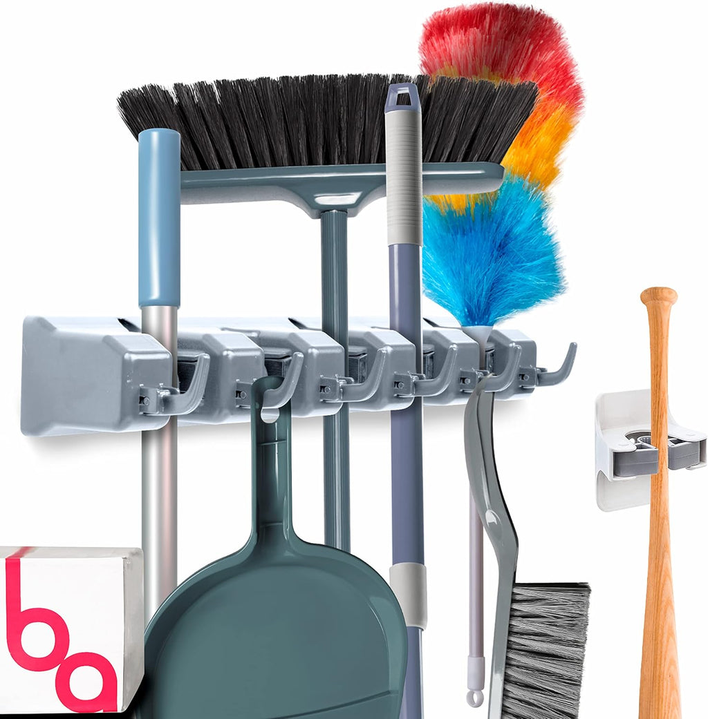 Broom Holder Wall Mount, Mop and Broom Organizer – Wall Mounted Broom Rack & Mop Rack, Rack for Brooms and Mops | Broom Hanger Wall Mount with 5 Slots & 6 Hooks, Kitchen Garage Laundry Garden (White)