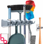 Broom Holder Wall Mount, Mop and Broom Organizer – Wall Mounted Broom Rack & Mop Rack, Rack for Brooms and Mops | Broom Hanger Wall Mount with 5 Slots & 6 Hooks, Kitchen Garage Laundry Garden (White)