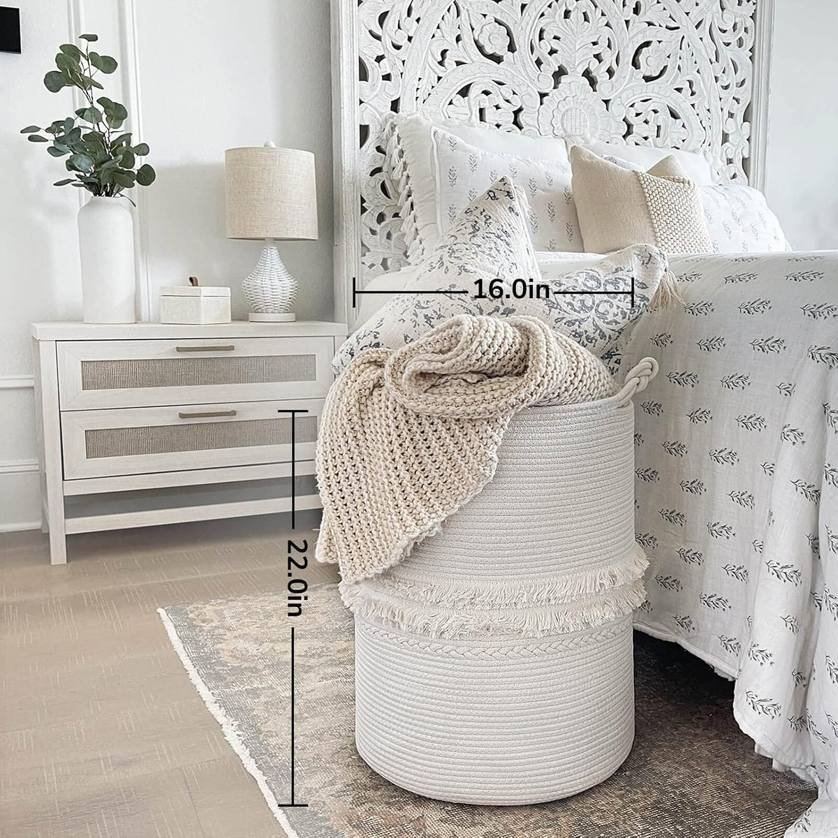 CherryNow 70L Woven Rope Laundry Basket with Tassel, 16" x 22", White