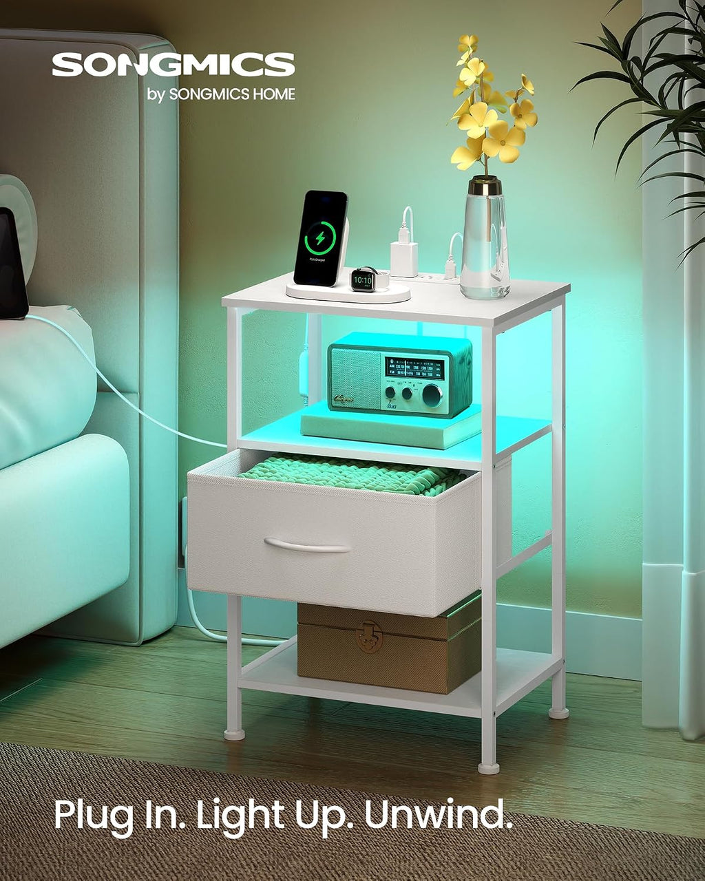 SONGMICS Nightstand with Charging Station, 1 Fabric Drawer