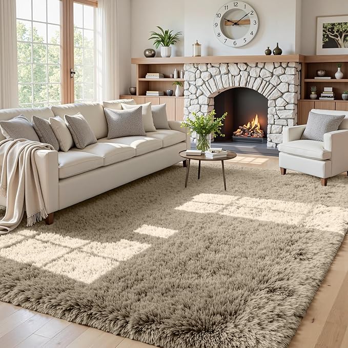5x8 Area Rugs for Living Room: Soft Fluffy Shag Gray Camel Rugs for Bedroom by CarpetAddColortoYourLife