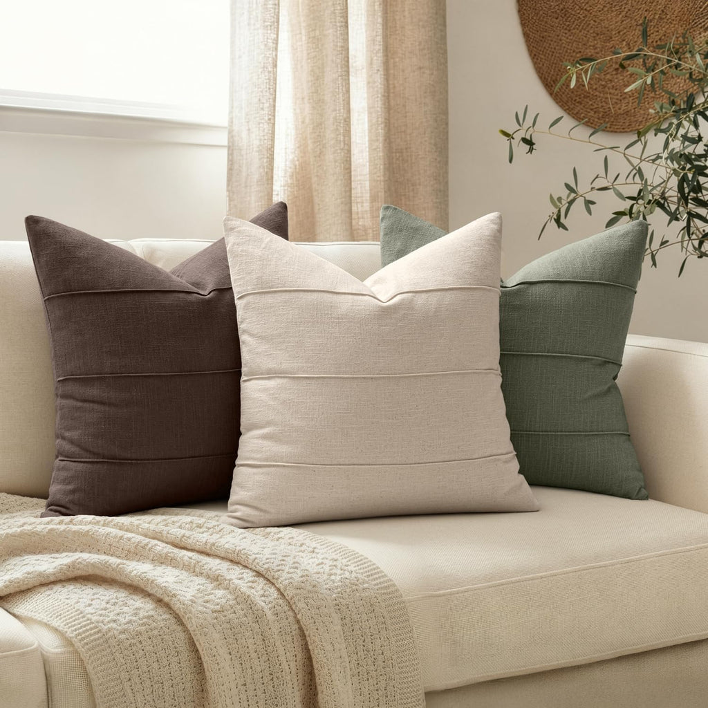 MIULEE Decorative Linen Throw Pillow Covers 20x20 Natural Beige Striped