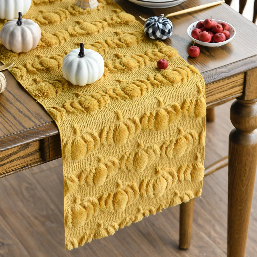 Artoid Mode Ginger Soft Faux Fur Pumpkins Fall Table Runner 13x72 Inch
