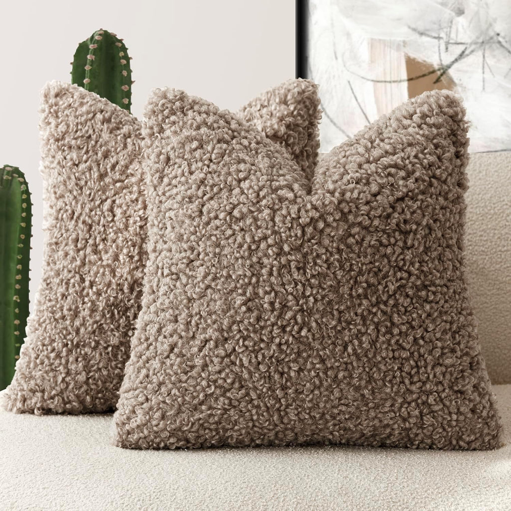 Foindtower Decorative Fuzzy Faux Fur Throw Pillow Covers 18x18 Inch Khaki
