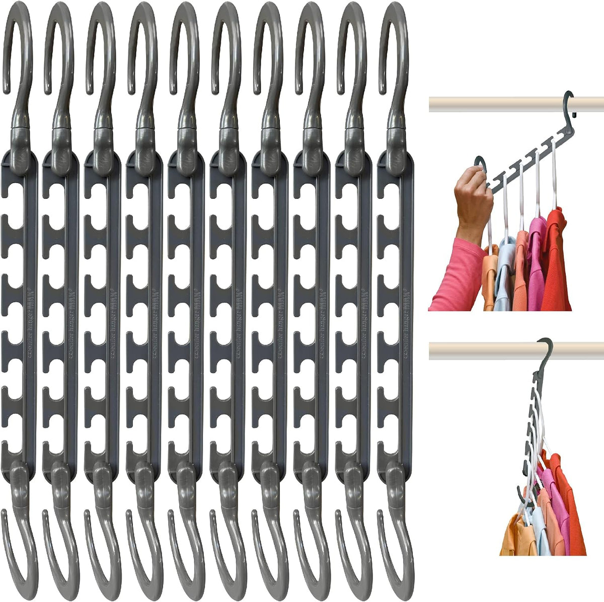 Max Space Saving Closet Hangers, 10-Pack, 360° Swivel, Grey
