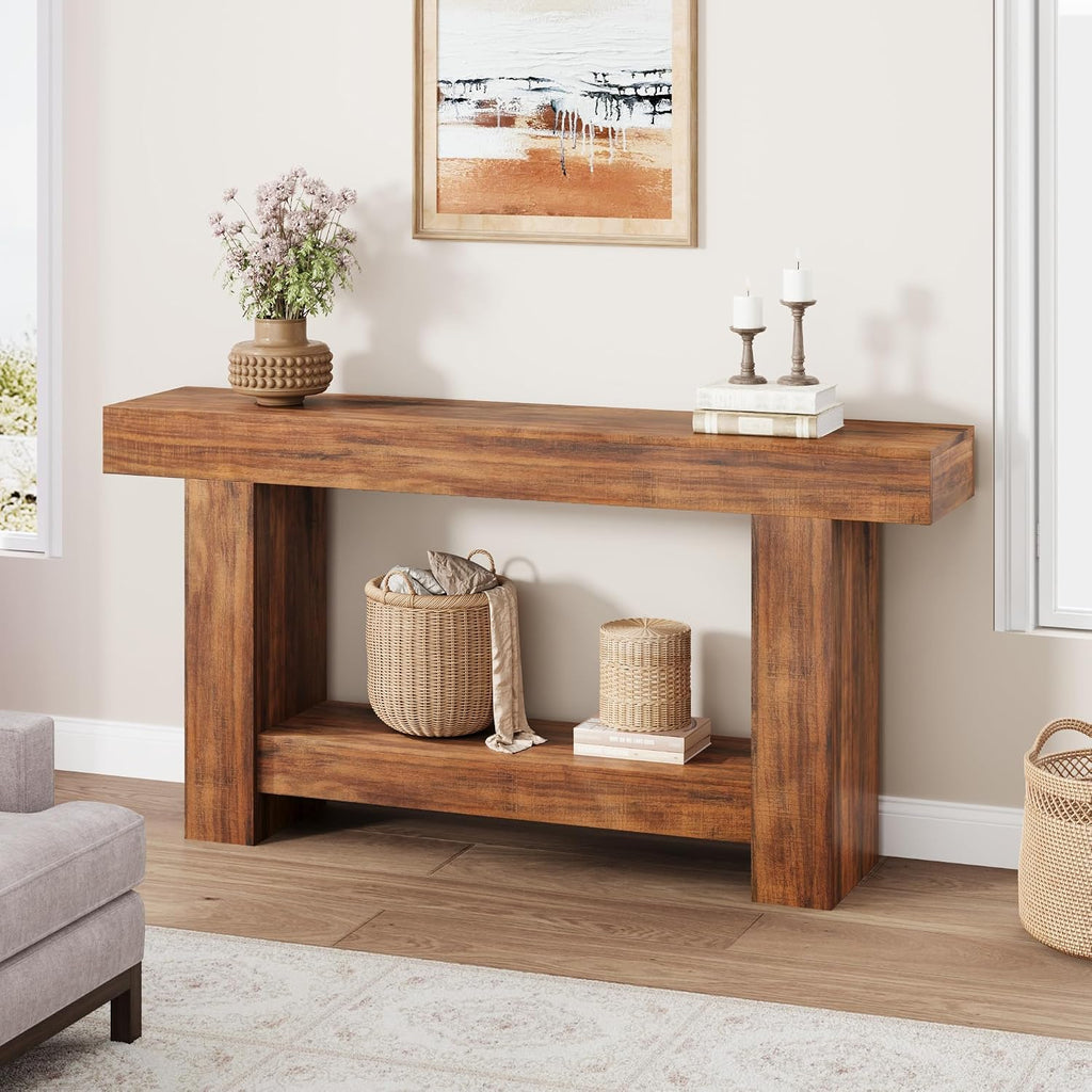 Garvee 63" Farmhouse 2-Tier Console Table for Entryway, Retro Brown