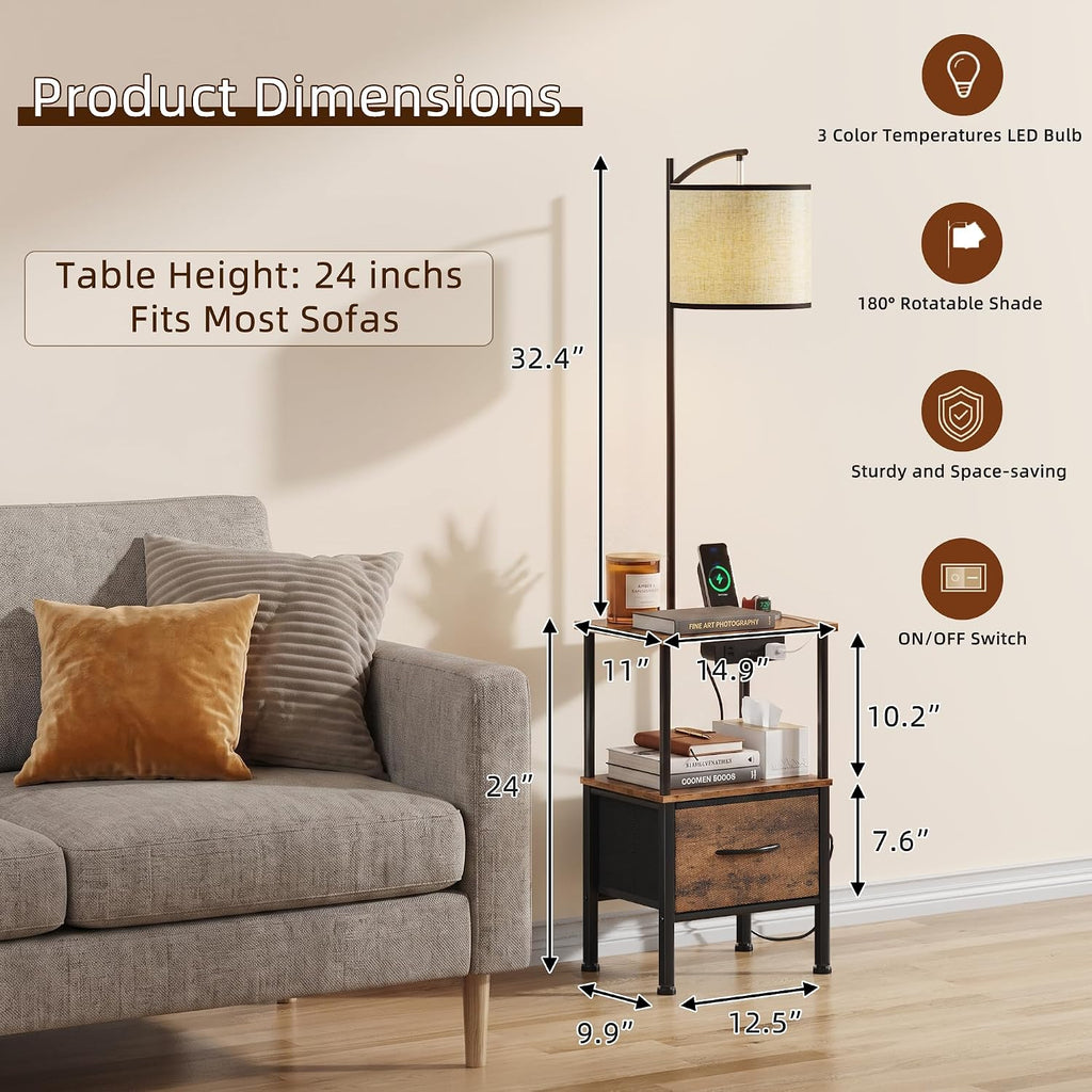 Floor Lamp with Table Set of 2, Fabric Drawer, Rustic Brown, 15" W