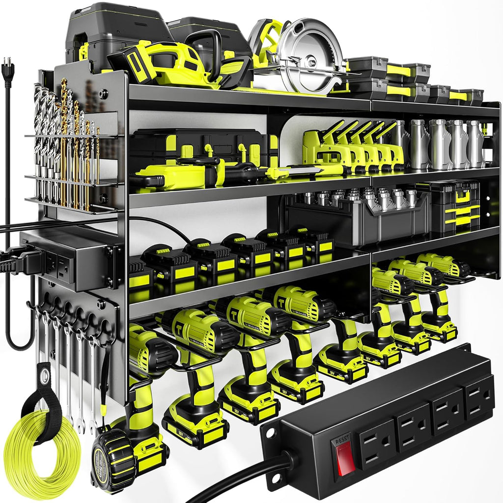POKIPO Large Power Tool Organizer Wall Mount with Charging Station,4 Layer Heavy Duty Metal Tool Storage Rack Loads 600lbs with 8 Cordless Drill Holder,Battery Utility Rack Loads with 4 Power Strip