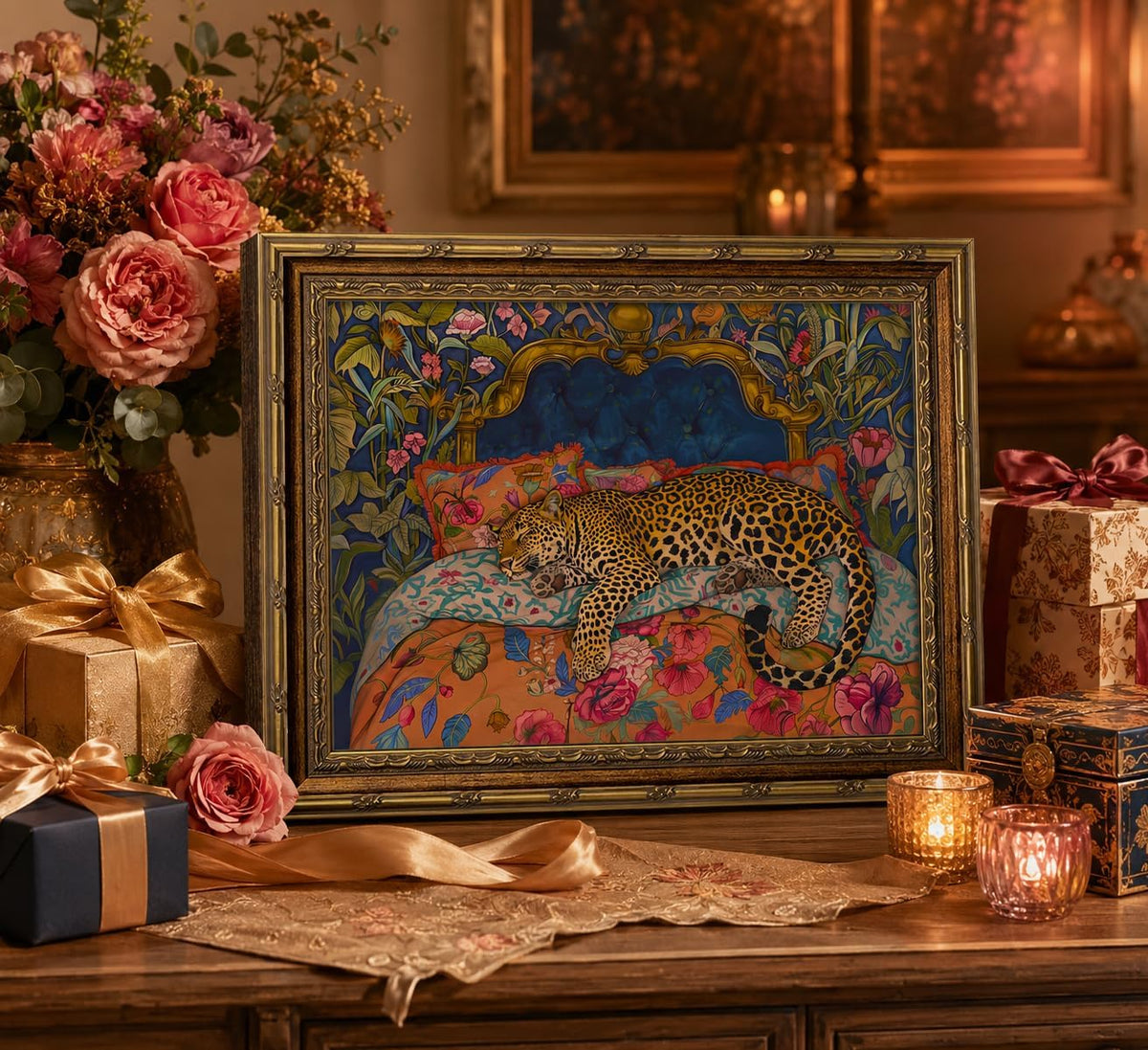 FKRYTYB Vintage Gold Frame Sleeping Leopard Canvas Wall Art 11x9in