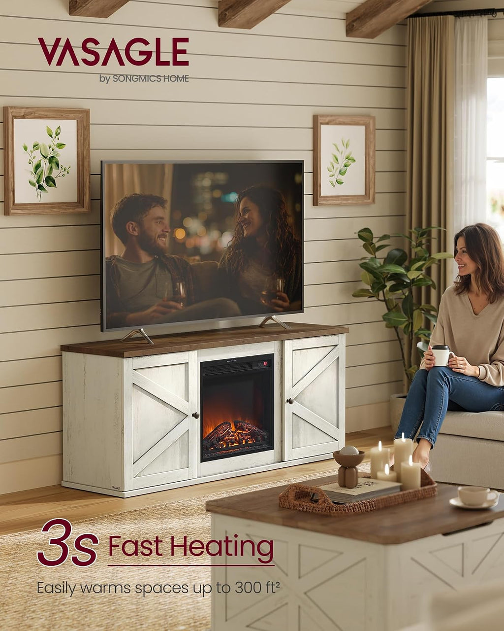 VASAGLE Fireplace TV Stand, Farmhouse Entertainment Center for 65'' TV