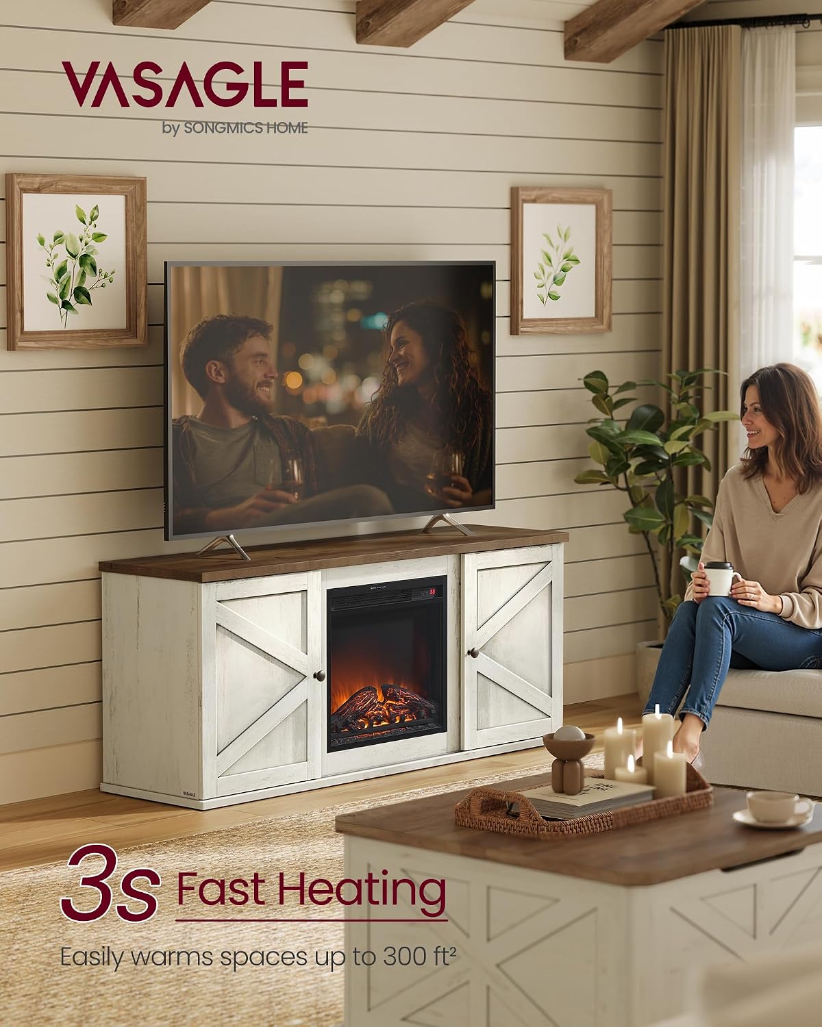 VASAGLE Fireplace TV Stand, Farmhouse Entertainment Center for 65'' TV