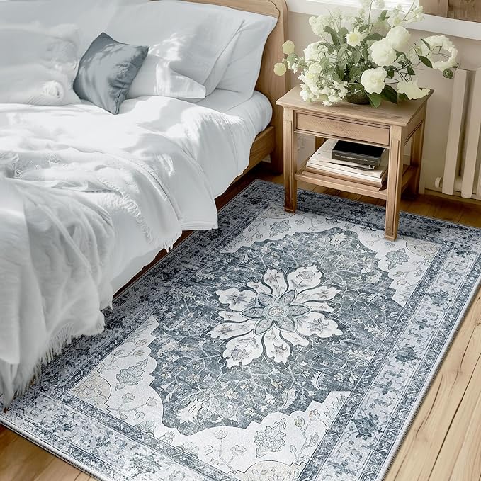 RELEANY Area Rugs 3'x5' Washable Non-Slip, Floral Vintage Distress Print by RELEANY